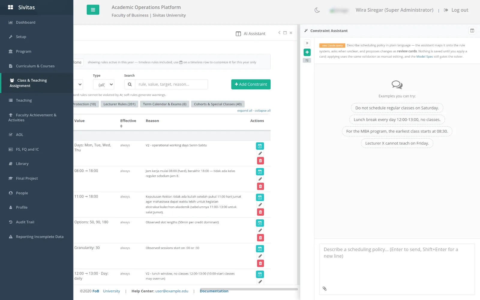 The Constraint Assistant docked beside the constraints page, with example prompts