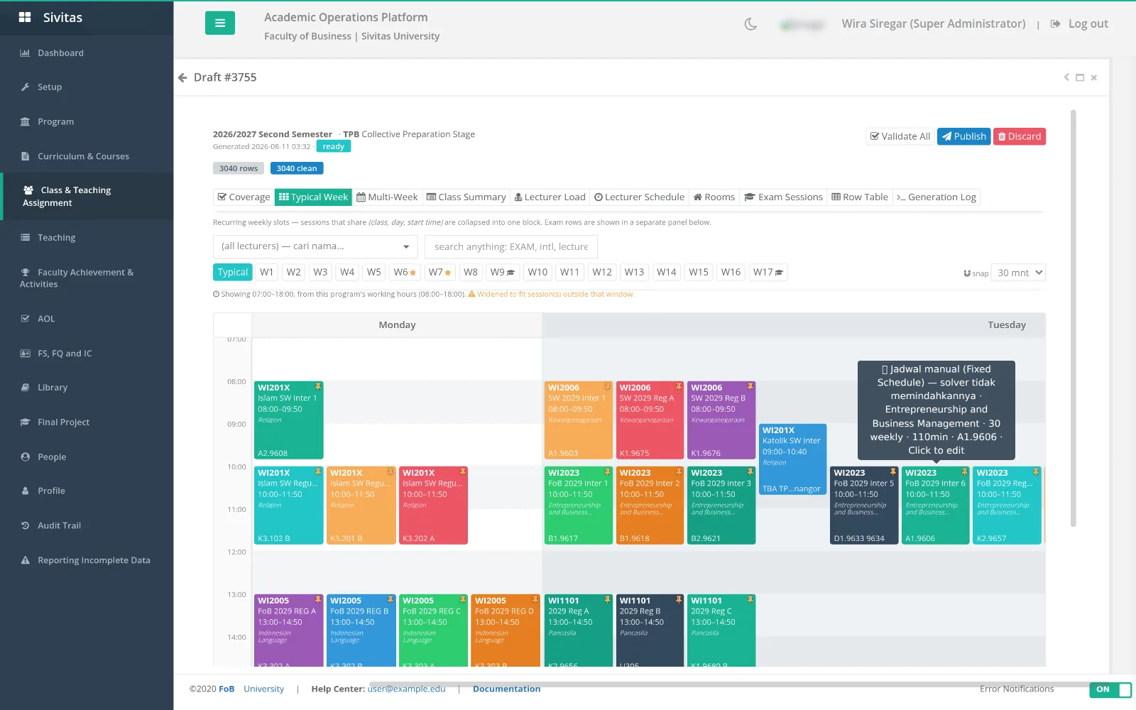 Draft review: the typical-week grid with fixed classes and exam sessions highlighted