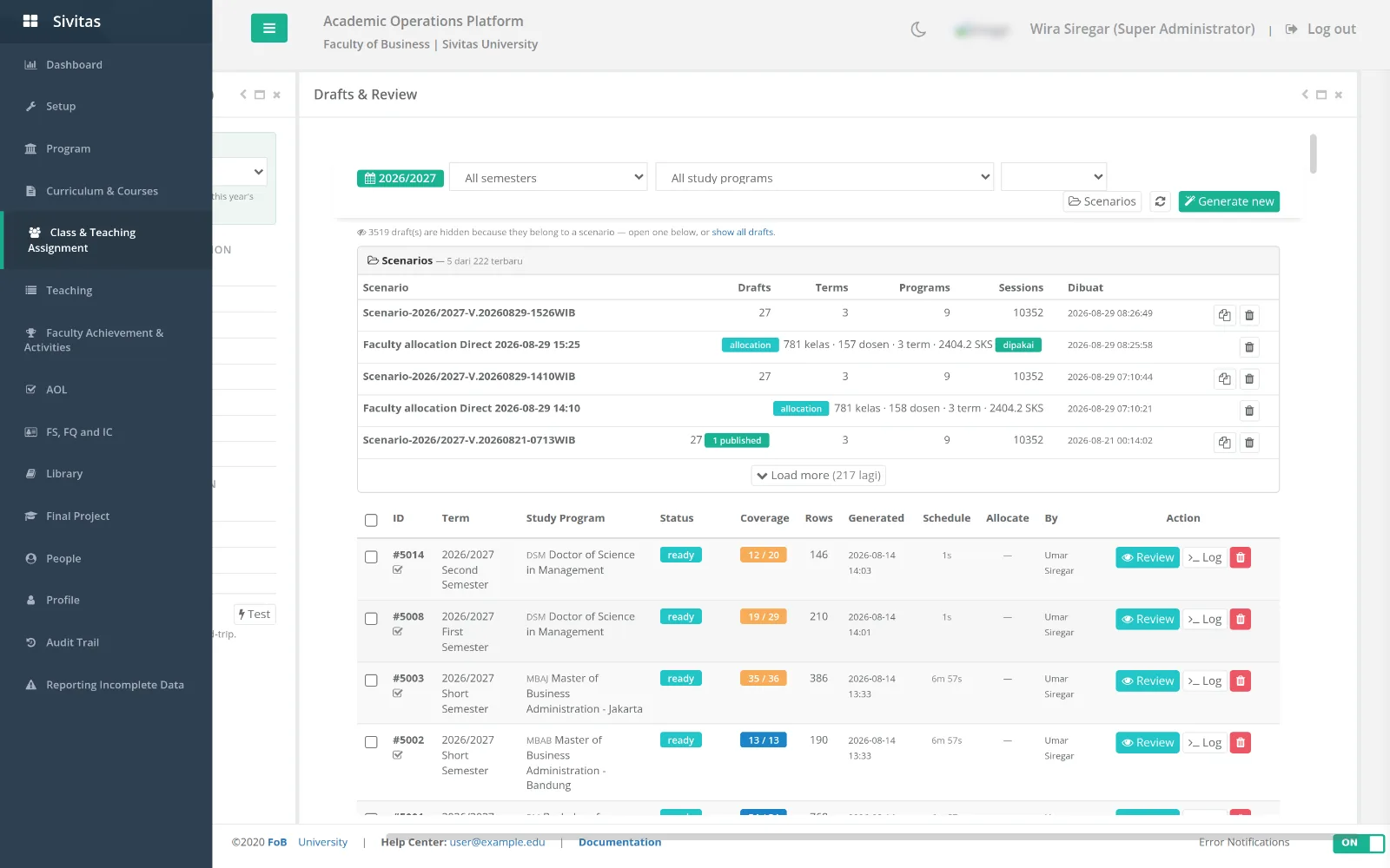 Drafts & Review: scenarios and drafts for a term with coverage, rows and status