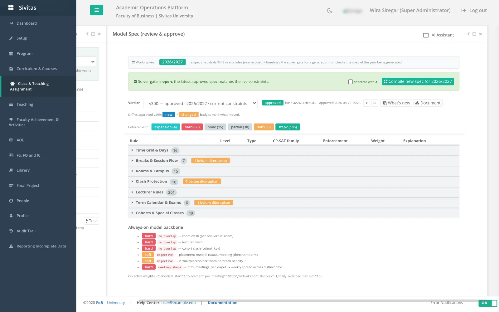 Model Spec page: rule groups with counts, enforcement badges and the open solver gate