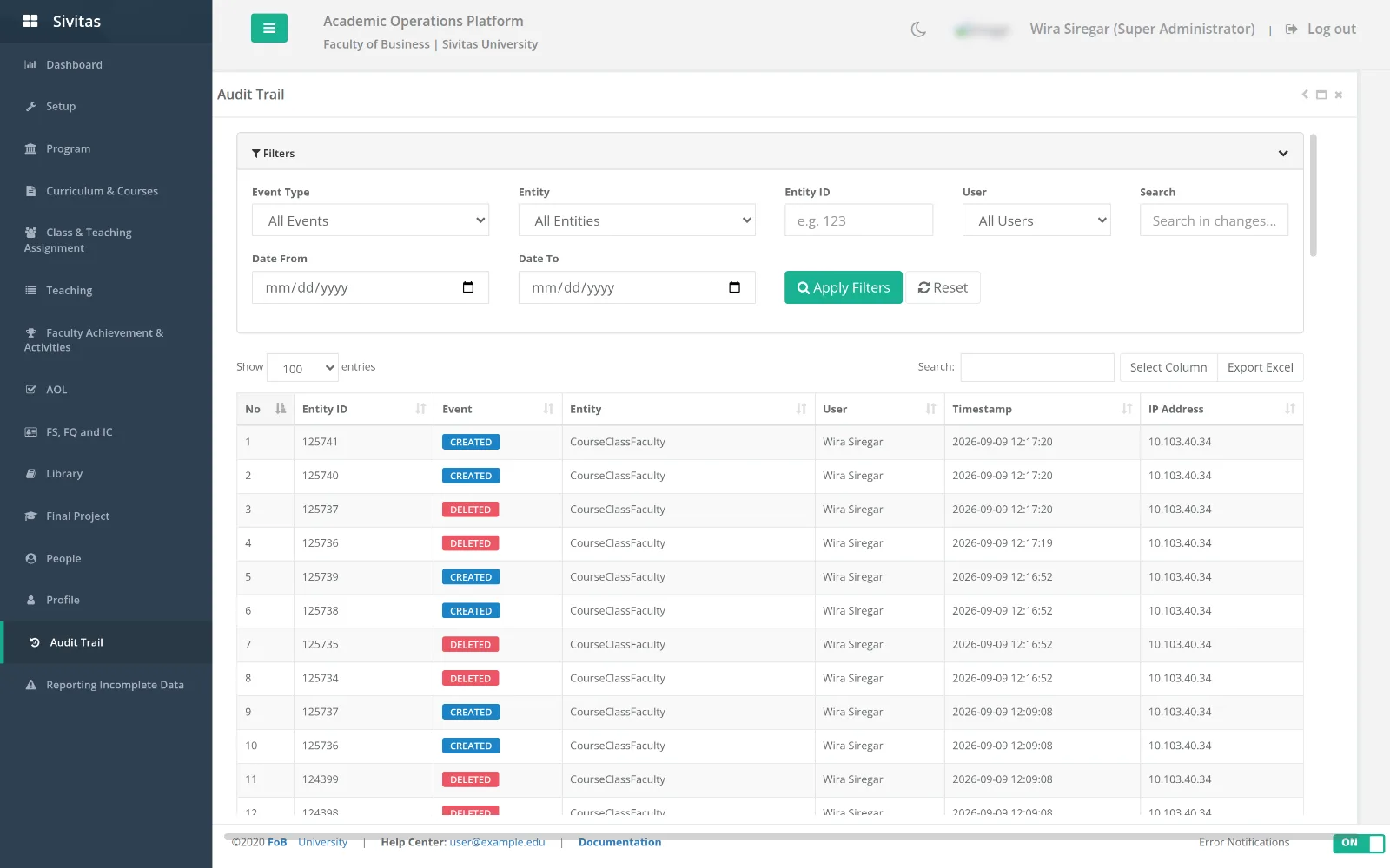 Audit Trail with filters and the event table