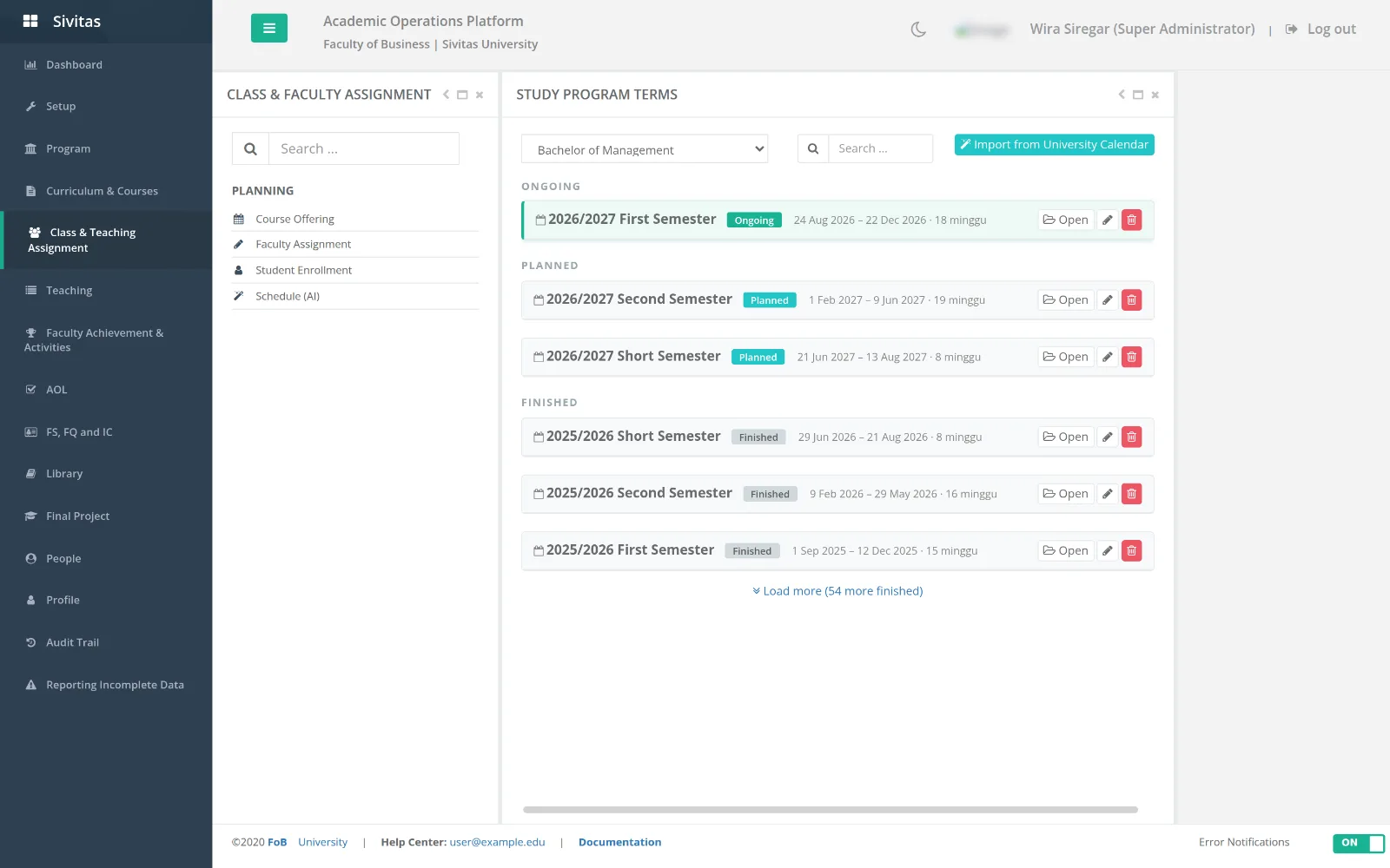 Study program terms grouped as ongoing, planned and finished, with the calendar import action