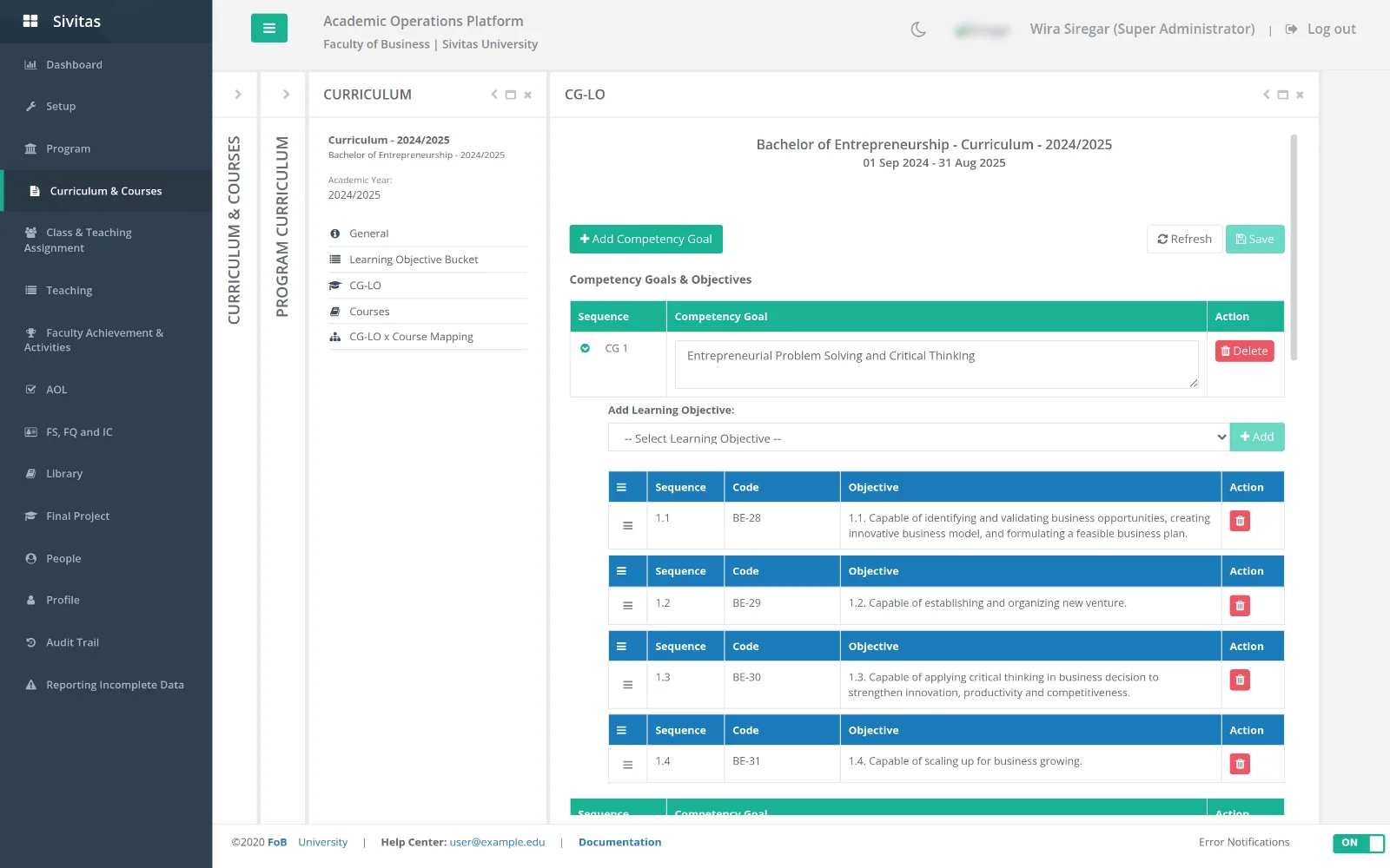 Competency goals and learning objectives editor for a curriculum