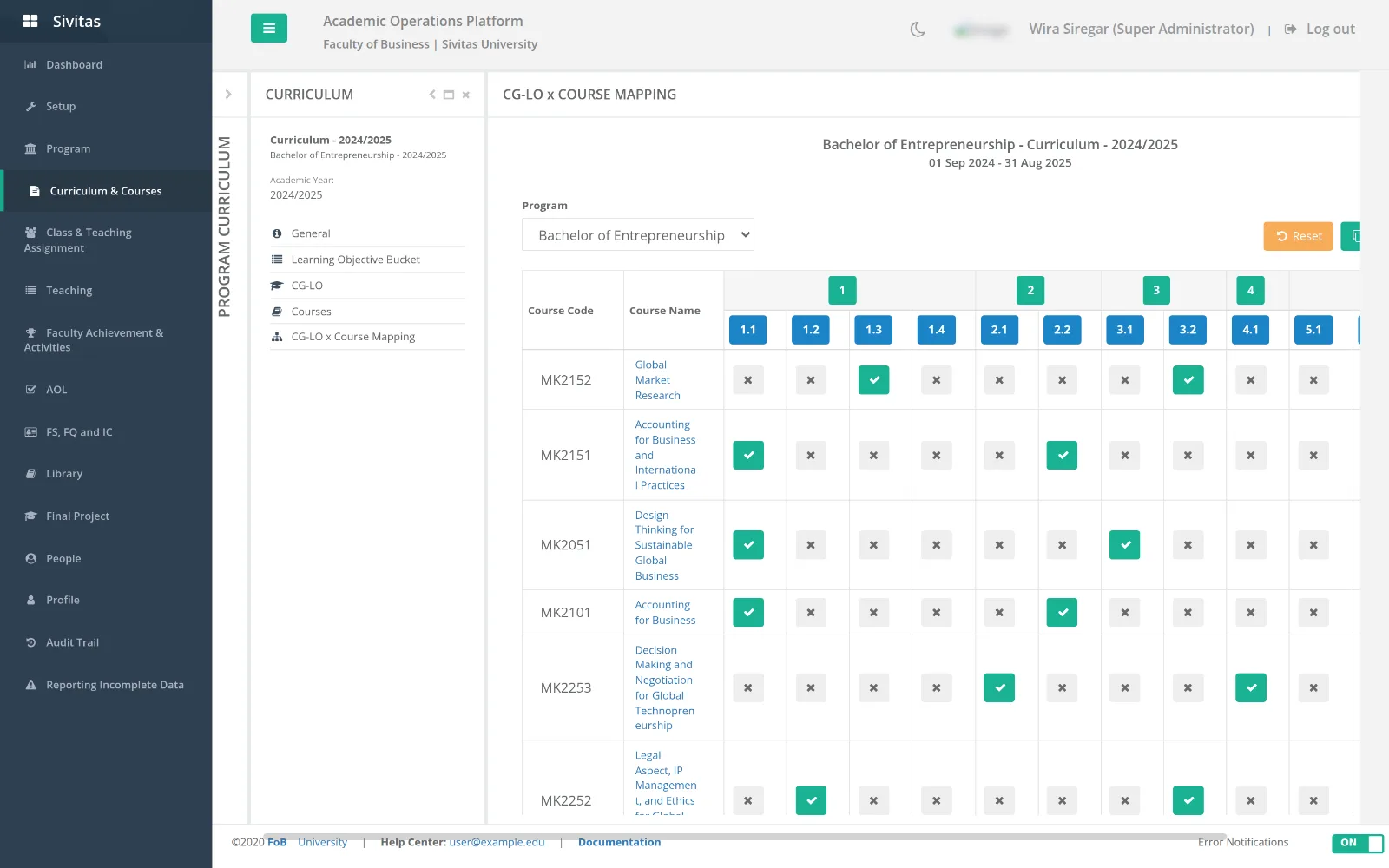CG-LO x Course mapping matrix: tick where a course addresses a learning objective
