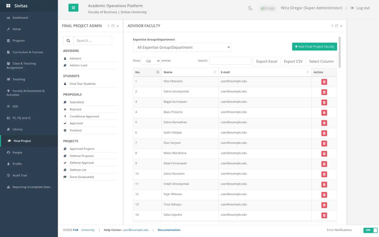 Advisor faculty list in Final Project Admin