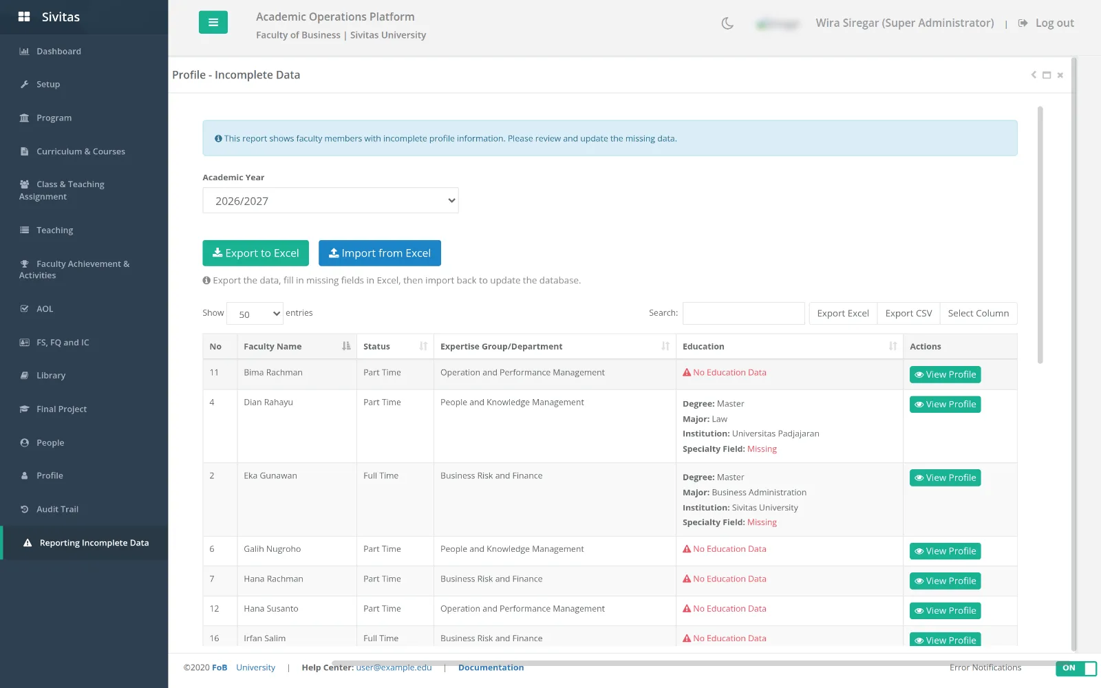 Profile tab of Reporting Incomplete Data, with export and import actions