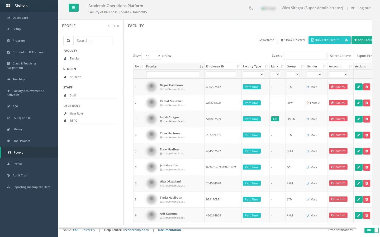 Faculty list with employee ID, type, group, gender and account status