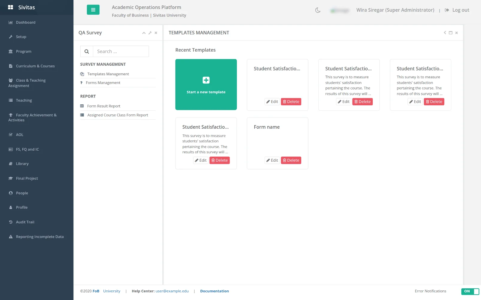 Templates management with recent survey templates